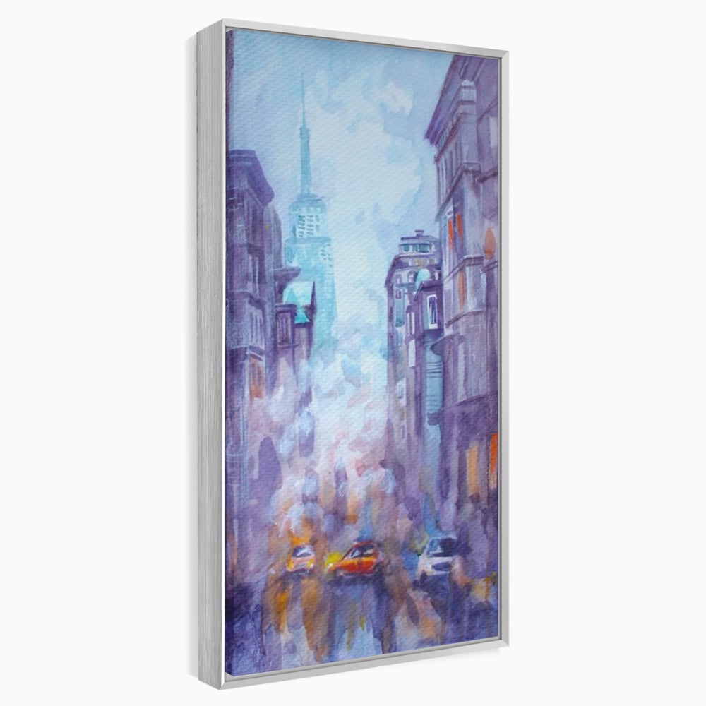 Tablou canvas cu tablou canvas pictura urbana cu masina portocaliu, in rama de aluminiu argintiu